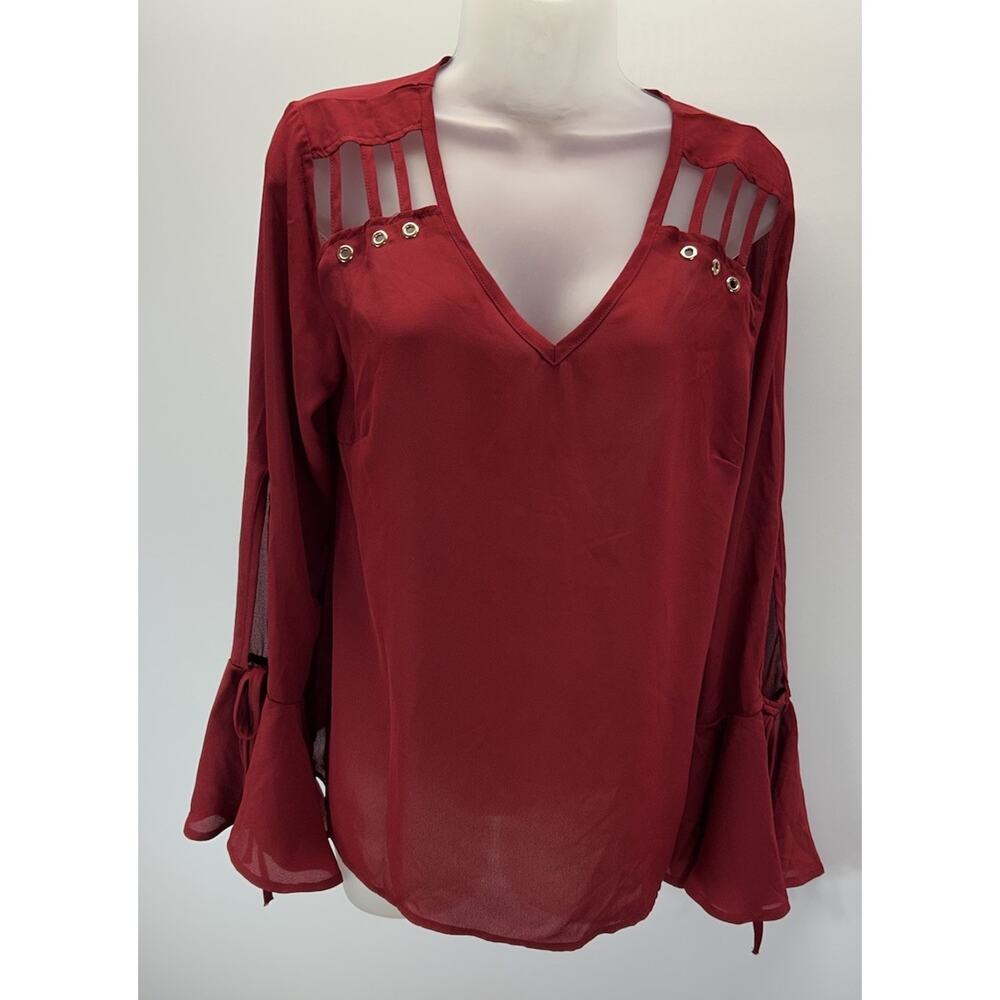 Lztlylzt Red Flame Flare Ruffle Sleeve Top XL Sheer V-Neck Blouse NWT